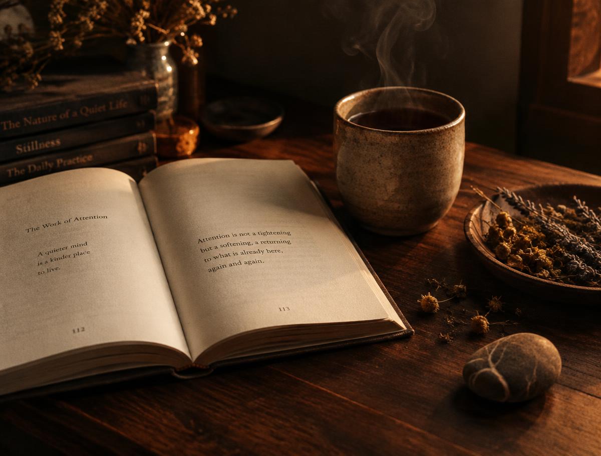 Open book beside a ceramic cup and dried herbs on dark wood