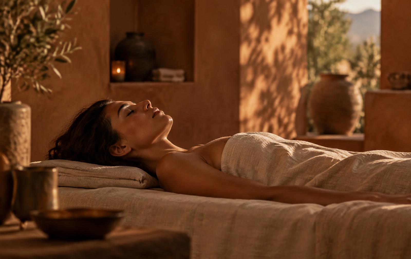 Warm, dimly lit treatment room with folded linens and a stone bowl
