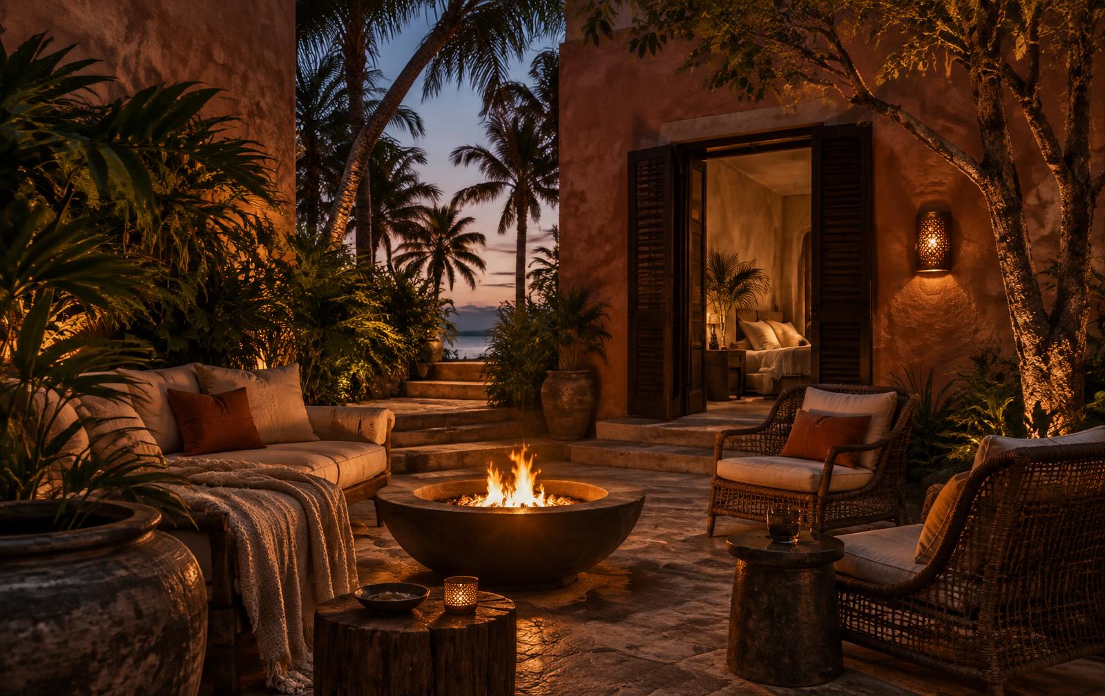 Firelit courtyard at dusk with palms and clay walls in the Dominican Republic